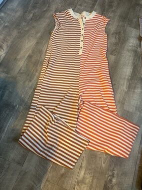 Striped Sleeveless Button-Front Jumpsuit in White & Orange/Brown